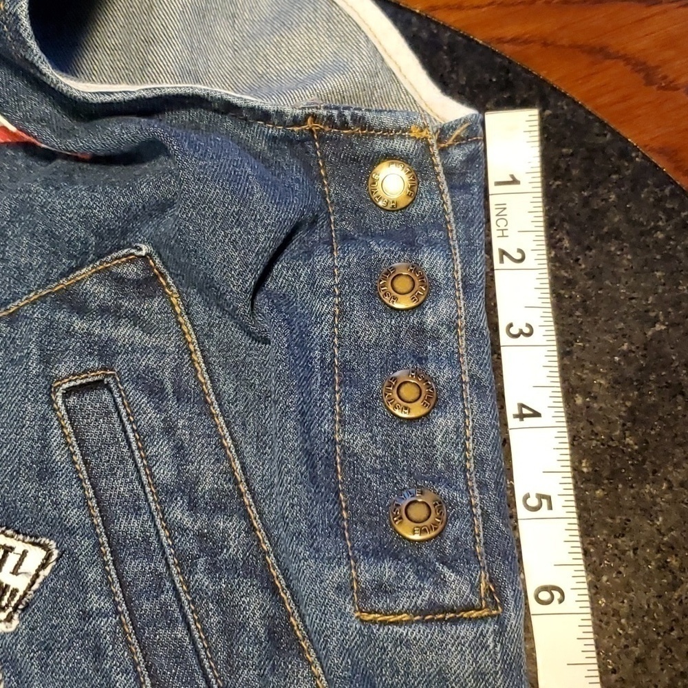 HSTYLE Korean Denim Side Snap Embroidered Patches Mini Dress Size Small - Picture 12 of 13